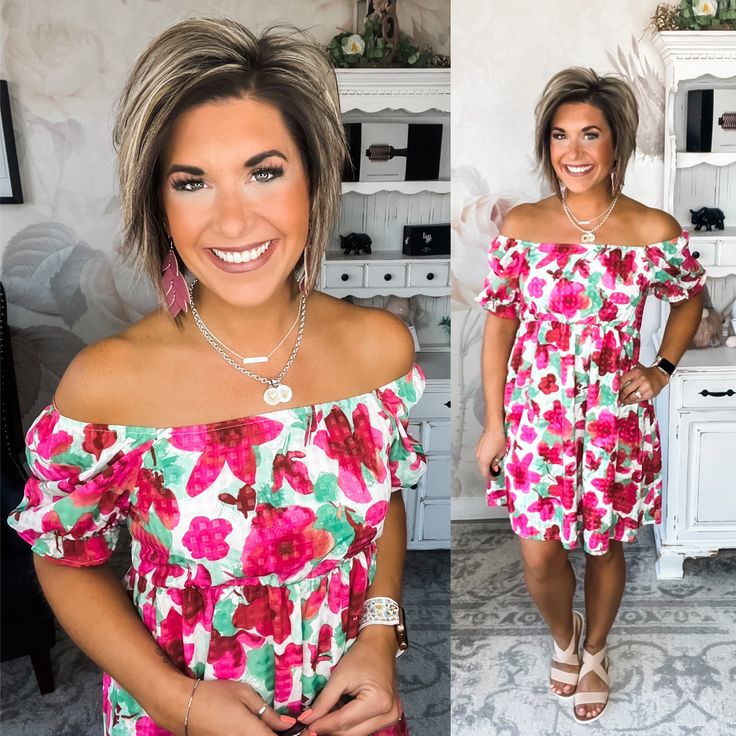 Look bright and beautiful in the Sunshine on Your Face Floral Dress. Complete with a romantic floral print that can be worn on or off-the-shoulder, this dress brings a delicate charm to your wardrobe. The gridded printed design gives this dress a unique touch that you won't find anywhere else. The puff sleeves add a volume and movement to your look while the lined body ensures a comfortable fit. Perfect for any occasion, you'll be dressed to perfection in no time. Self: 100% PolyesterLining: 100 Casual Flowy Off Shoulder Spring Dress, Casual Flowy Off Shoulder Dress For Spring, Feminine Off Shoulder Summer Dress For Day Out, Multicolor Off-shoulder Dresses For Garden Party, Spring Summer Off Shoulder Short Sleeve Dress, Off-shoulder Multicolor Dresses For Garden Party, Off Shoulder Mini Dress With Floral Print For Brunch, Casual Short Sleeve Off Shoulder Dress For Spring, Casual Fitted Off Shoulder Floral Dress