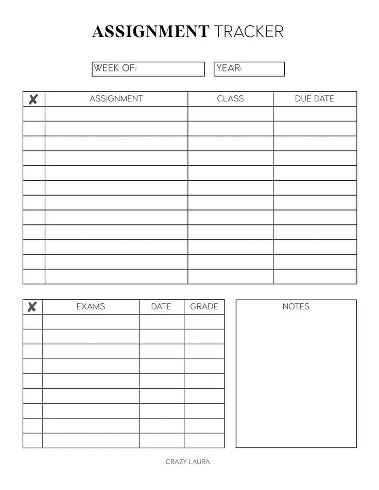 an assignment tracker is shown in the form of a blank sheet for students to use