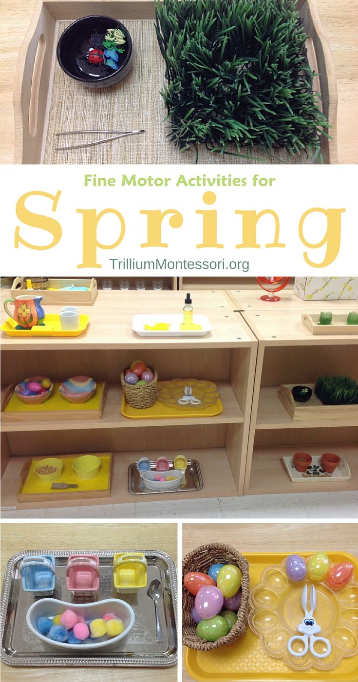 a collage of photos showing different activities in the playroom with text overlay reading fine motor activities for spring