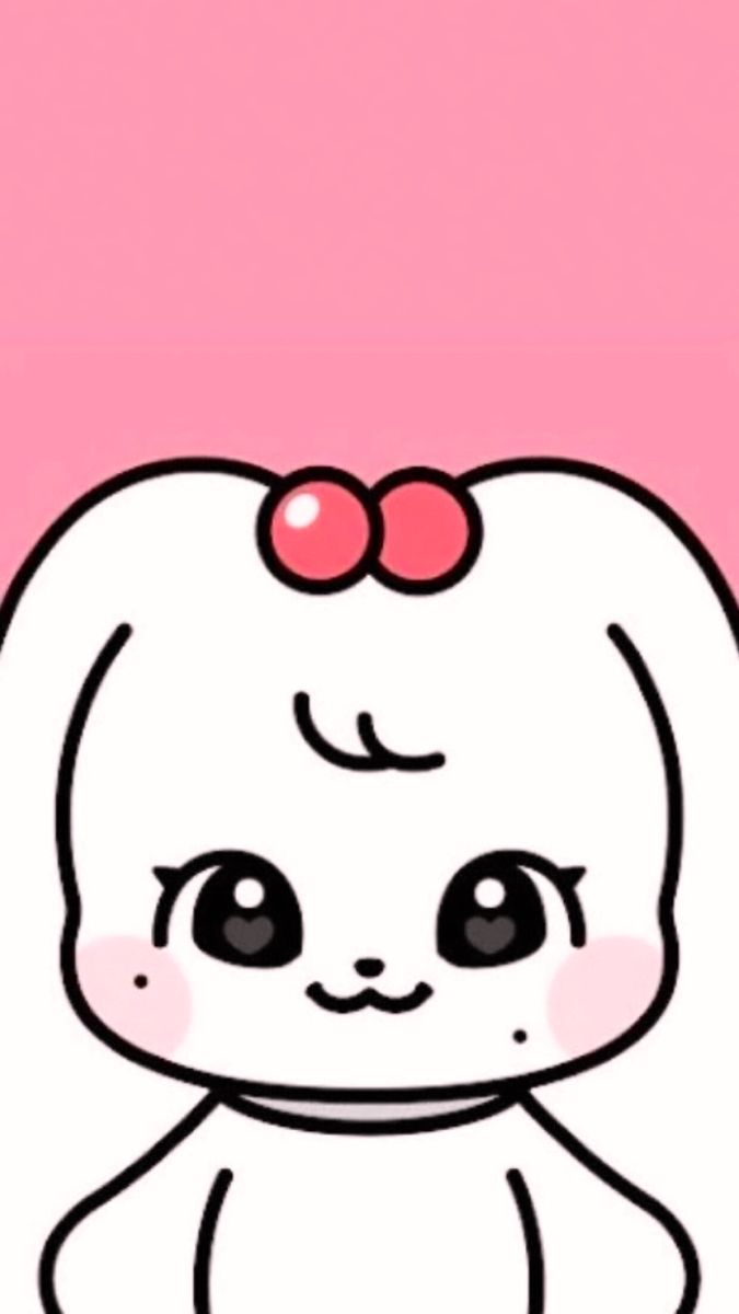 a cartoon bunny with big eyes and a pink bow on her head, sitting in front of a pink background