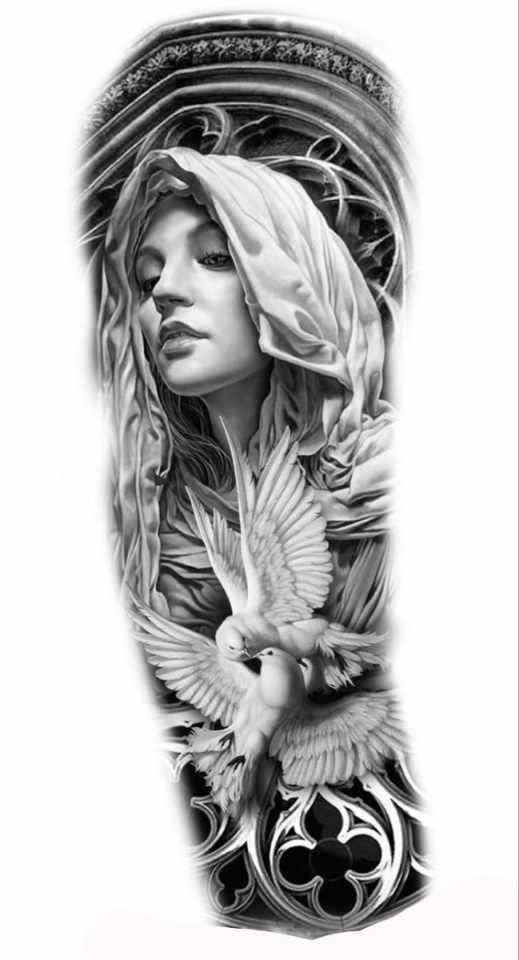 Jesus Tattoo Sleeve, Mother Mary Tattoos, Black Men Tattoos, Biblical Tattoos, Magic Runes, Christ Tattoo, Female Face Drawing, Chicano Style Tattoo, Cool Forearm Tattoos