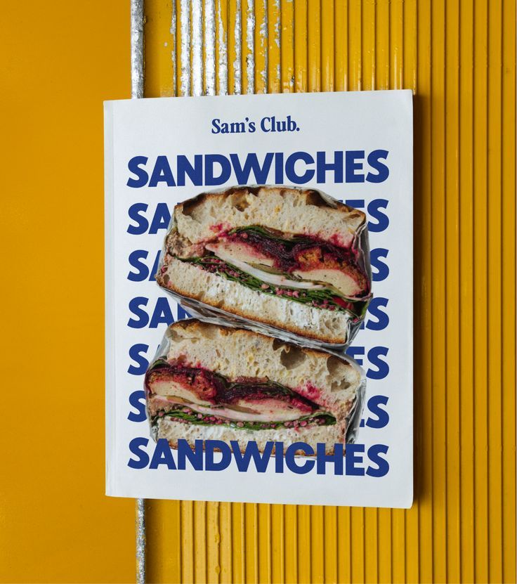 a sandwich advertises sandwiches on yellow background