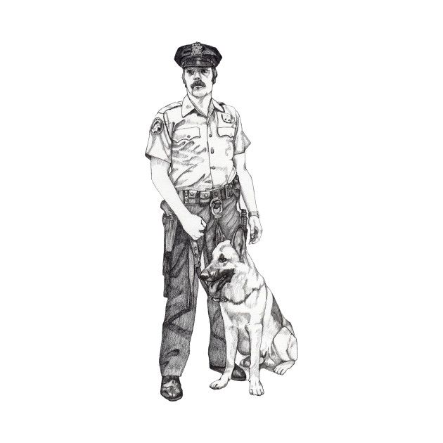 a drawing of a police officer and his dog