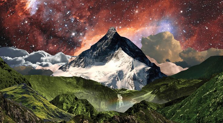 an artistic painting of a mountain with stars and clouds in the night sky above it