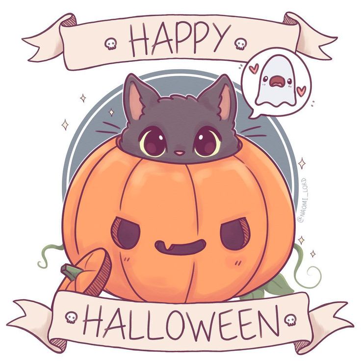 a black cat sitting on top of a pumpkin with a banner around it that says happy halloween