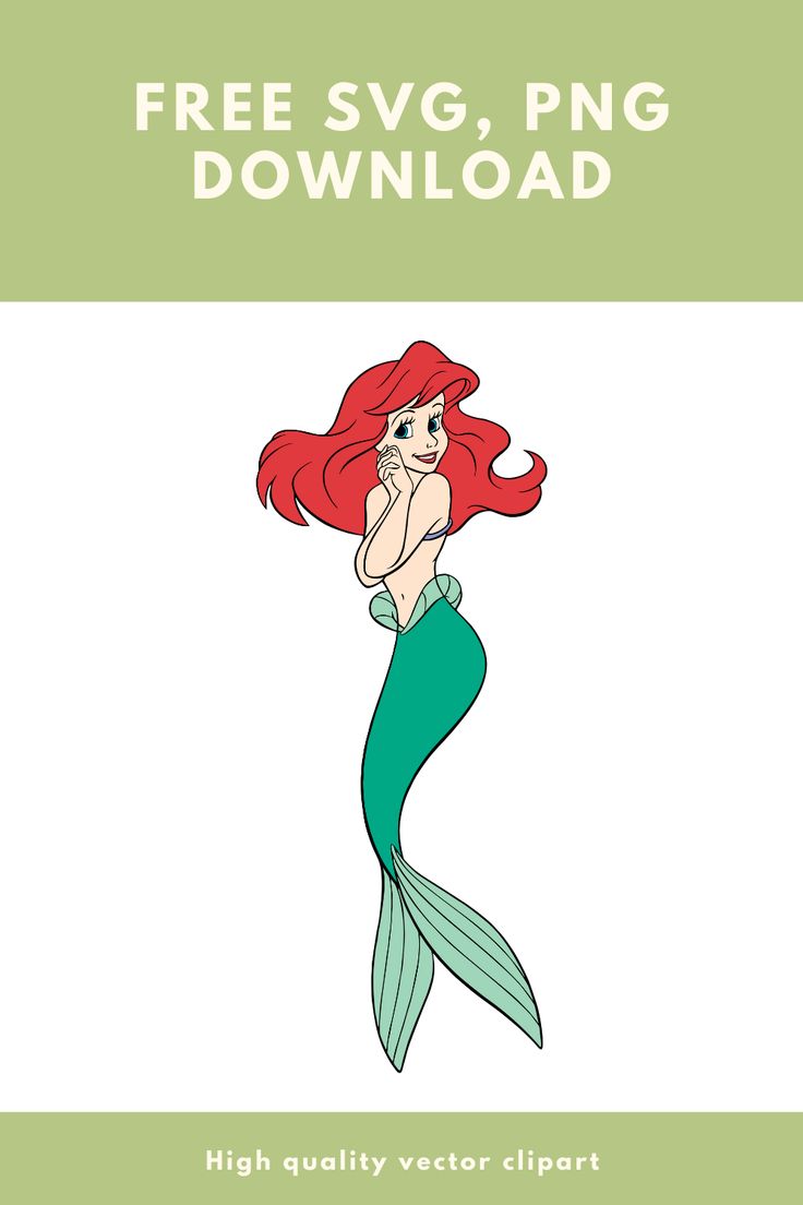 the little mermaid with red hair and green tail is featured in this free svg, png file