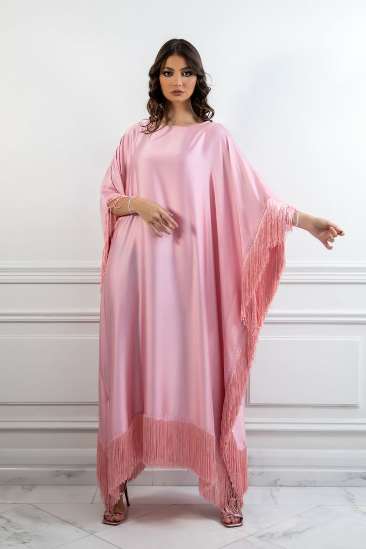 Latifa Fringe Caftan Dress Evening Kaftan With Tassels, Elegant Long Sleeve Kaftan With Tassels, Fringe Floor-length Maxi Dress, Long Sleeve Maxi Dress With Tassels For Party, Party Long Sleeve Maxi Dress With Tassels, Elegant Long Maxi Dress With Tassels, Evening Long Dresses With Tassels, Long Evening Dresses With Tassels, Long Fringe Evening Dresses