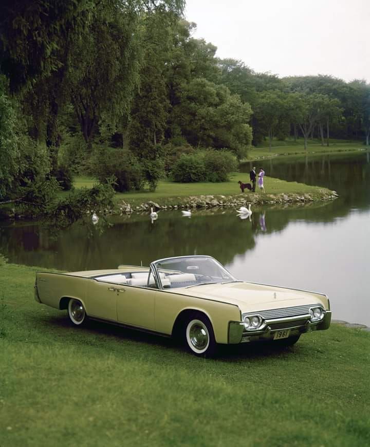 an old car parked in front of a lake with swans on the water behind it