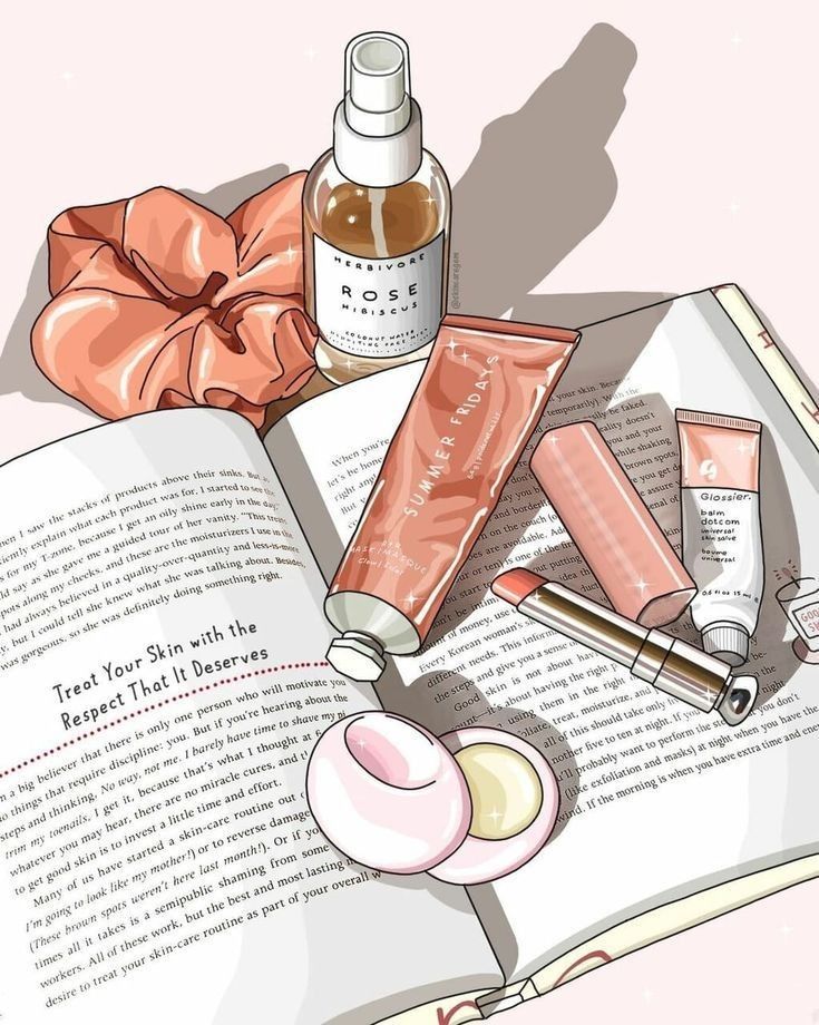 an open book with cosmetics on top of it