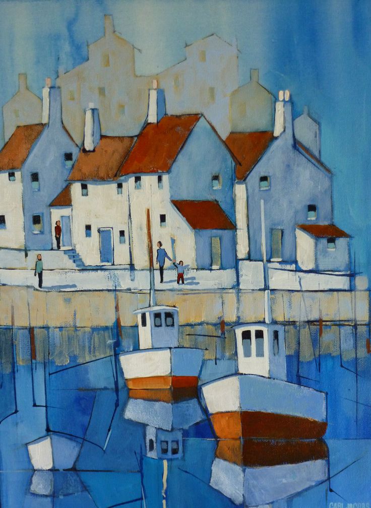 a painting of some houses and boats in the water