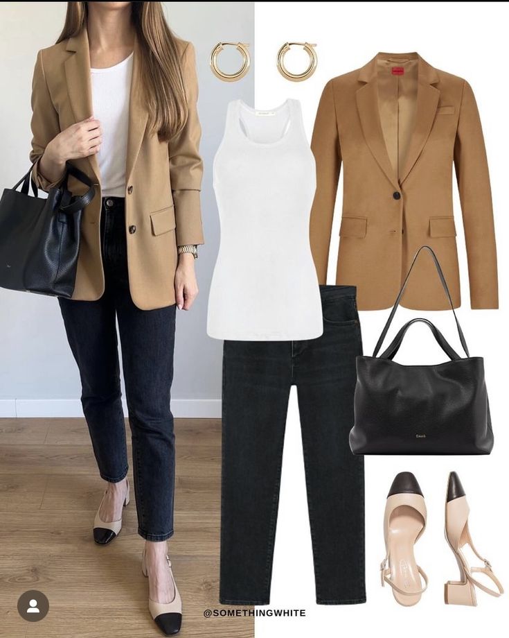 Tan Suit Jacket Women Work Outfits, Outfit Ideas With Beige Jacket, Beige Blazer Fall Outfit, How To Style Tan Blazer, Black And Tan Shoes Outfit, Taupe Blazer Outfit Work, Beige Blazer Work Outfit, Apricot Blazer Outfit, Carmel Blazer Outfit