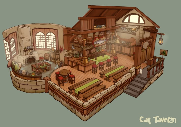 ArtStation - Cat Tavern Dnd Tavern Exterior, Tavern Floor Plan, Minecraft Fantasy Tavern, Tavern Minecraft Ideas, Tavern Decor Interior Design, Magic Shop Concept Art, Minecraft Medieval Tavern Interior, Medieval Tavern Concept Art, Valheim Tavern