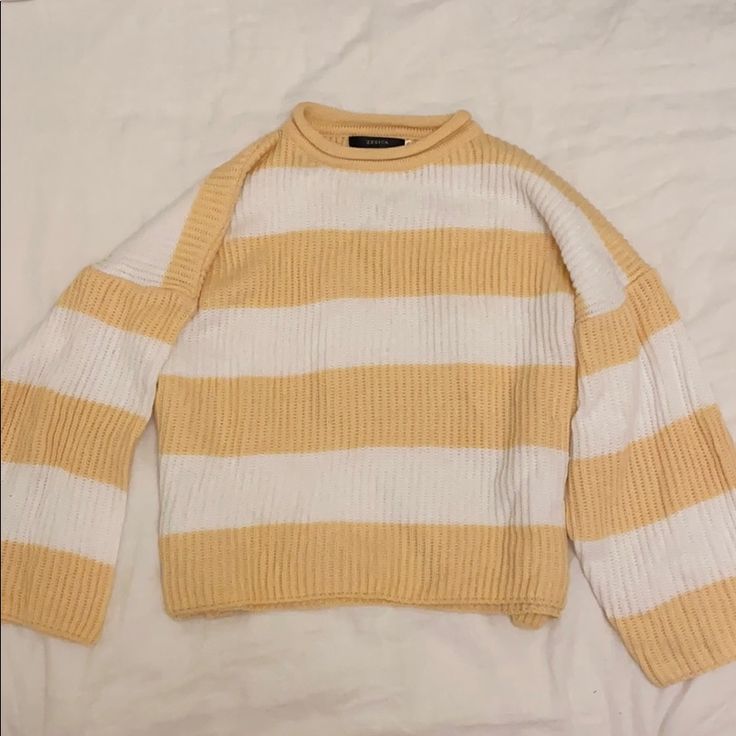 Yellow And White Striped Sweater! Never Worn! Yellow Striped Sweater Outfit, Yellow Ribbed Tops For Winter, Yellow Ribbed Sweater For Fall, White Retro Ribbed Tops, Retro White Ribbed Top, White Ribbed Retro Top, Casual Mustard Sweater, Winter Yellow Ribbed Tops, Yellow Ribbed Winter Tops