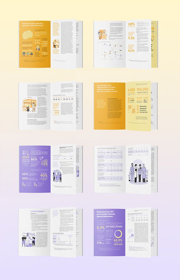 several different types of brochures are displayed on a yellow and purple background,