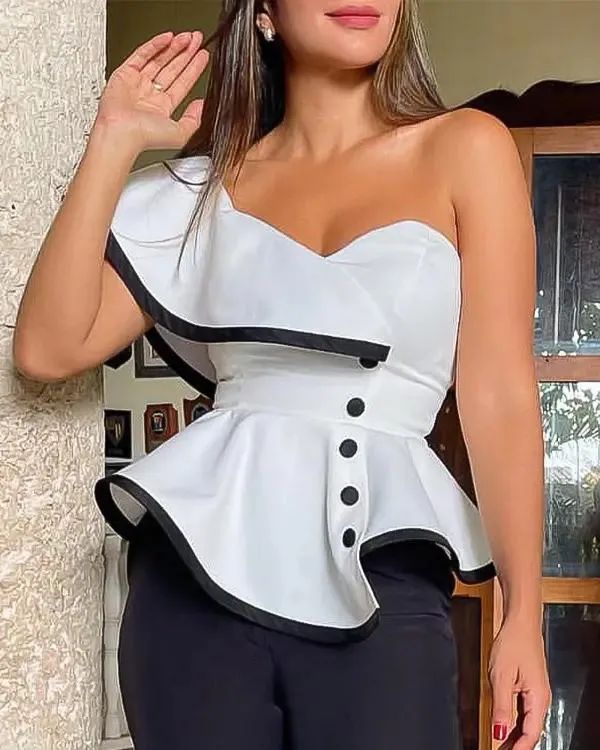 Lasaky - One shoulder top with contrast ruffle hem Shoulder Tops Outfit, Blouse Size Chart, Black And White Outfit, Dressy Casual Outfits, One Shoulder Top, White Outfit, Blouse Material, Beautiful Style, One Shoulder Tops