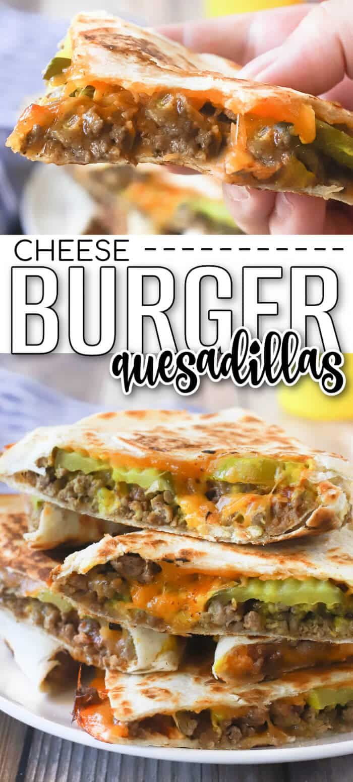 the cheeseburger quesadilla is cut in half and stacked on top of each other