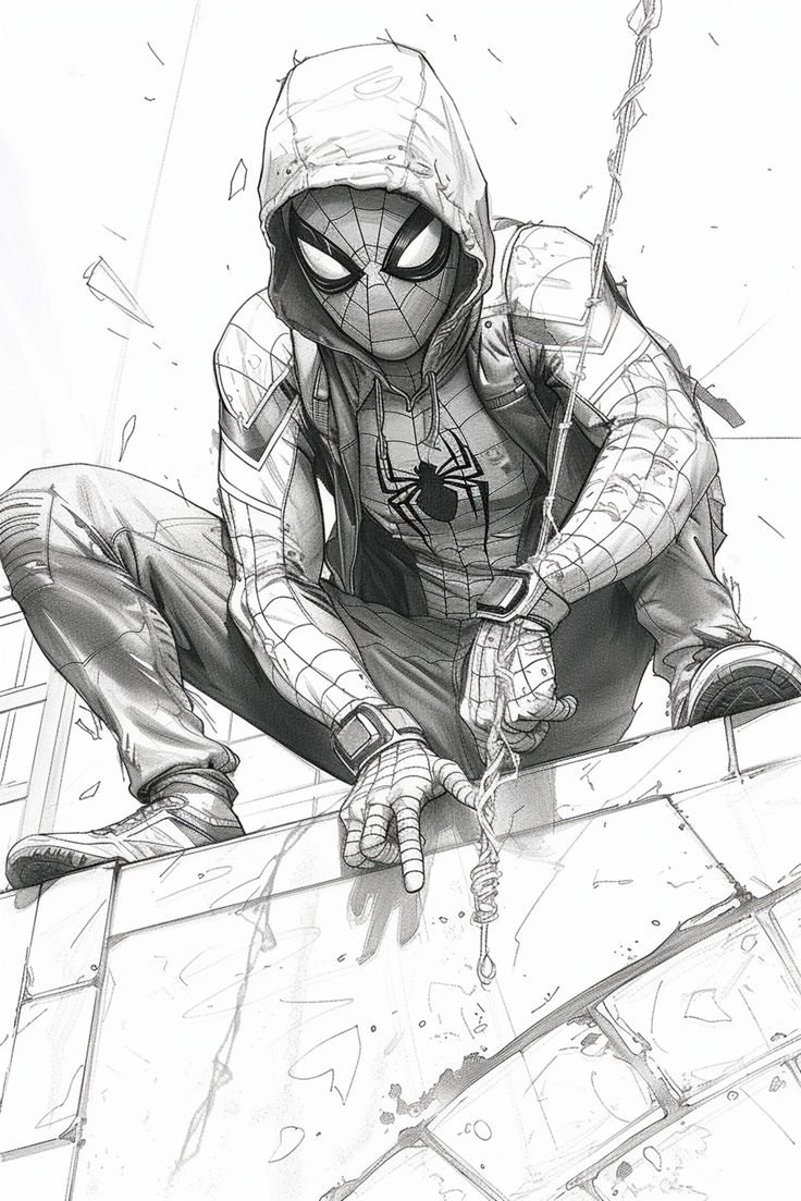 a drawing of a spider man sitting on top of a building