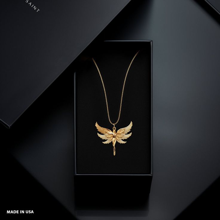 Embrace celestial elegance with our gold Angel pendants, exquisitely crafted in the USA. These divine pieces serve as a symbol of protection, guidance, and purity, perfect for those seeking a heavenly touch in their jewelry collection. PENDANT INFORMATION This pendant is made of real, solid gold.• Made in USA• Material: 14k or 18k solid gold• Finish: polished• Height: 1.33" (33,5 mm) x Width: 1.45" (36,5 mm)• Pendant weight: approx. 5 grams (14k)• Bail: fits up to 4 mm chains• Solid back, not ho Spiritual White Gold Plated Jewelry, Spiritual Gold Plated Jewelry With Polished Finish, Celestial Yellow Gold Jewelry Gift, Celestial Style Yellow Gold Jewelry Gift, Ceremonial Yellow Gold Tarnish-resistant Jewelry, Luxury White Gold Necklace For Ceremonial Occasions, Luxury White Gold Ceremonial Necklace, Celestial Style Gold-plated Yellow Gold Jewelry, Gold Celestial Necklace With Polished Finish