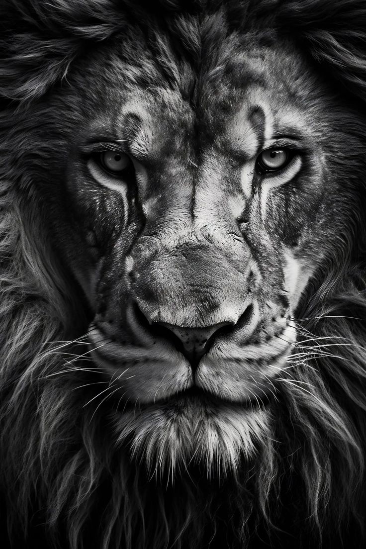 a black and white photo of a lion's face