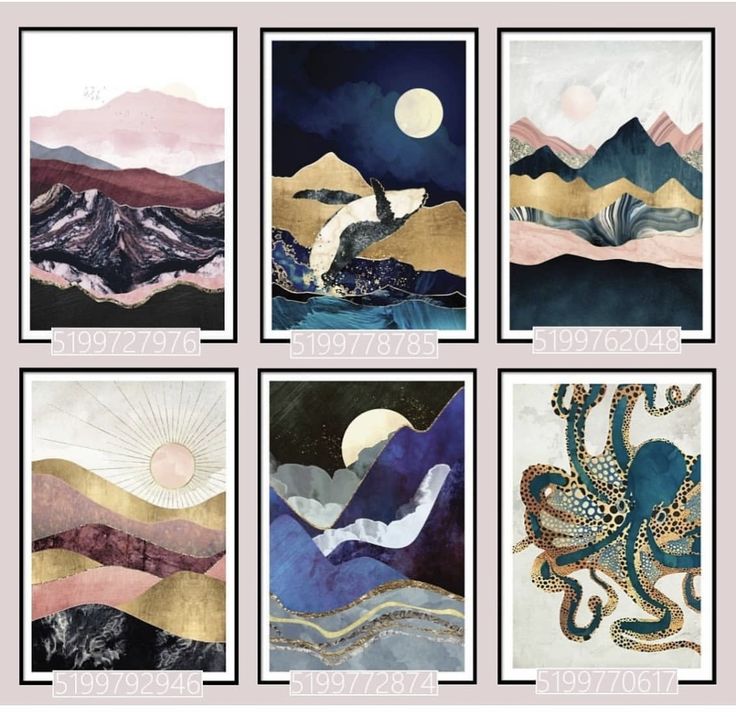 four different paintings with mountains and an octopus in the middle one has a full moon