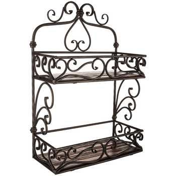 a metal shelf with two shelves on each side and an iron frame above the top