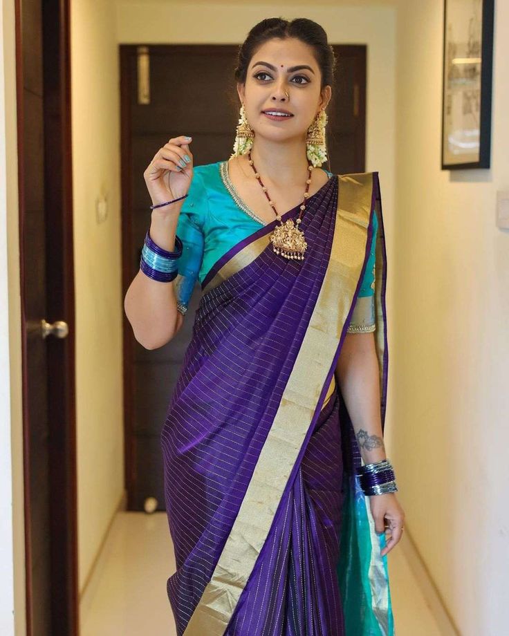 Saritha Jayasurya Designs, Purple Mysore Silk Saree Contrast Blouse, Mysore Silk Saree Blouse Designs Latest, Bangles With Saree, Blue Saree Blouse Designs, Ksic Mysore Silk Saree Blouse Designs, Striped Silk Saree, Iha Designs, Blue Mysore Silk Saree