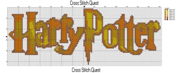 a cross stitch pattern for harry potter with the words harry potter written in orange and yellow