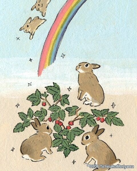 an image of rabbits in the sand under a rainbow