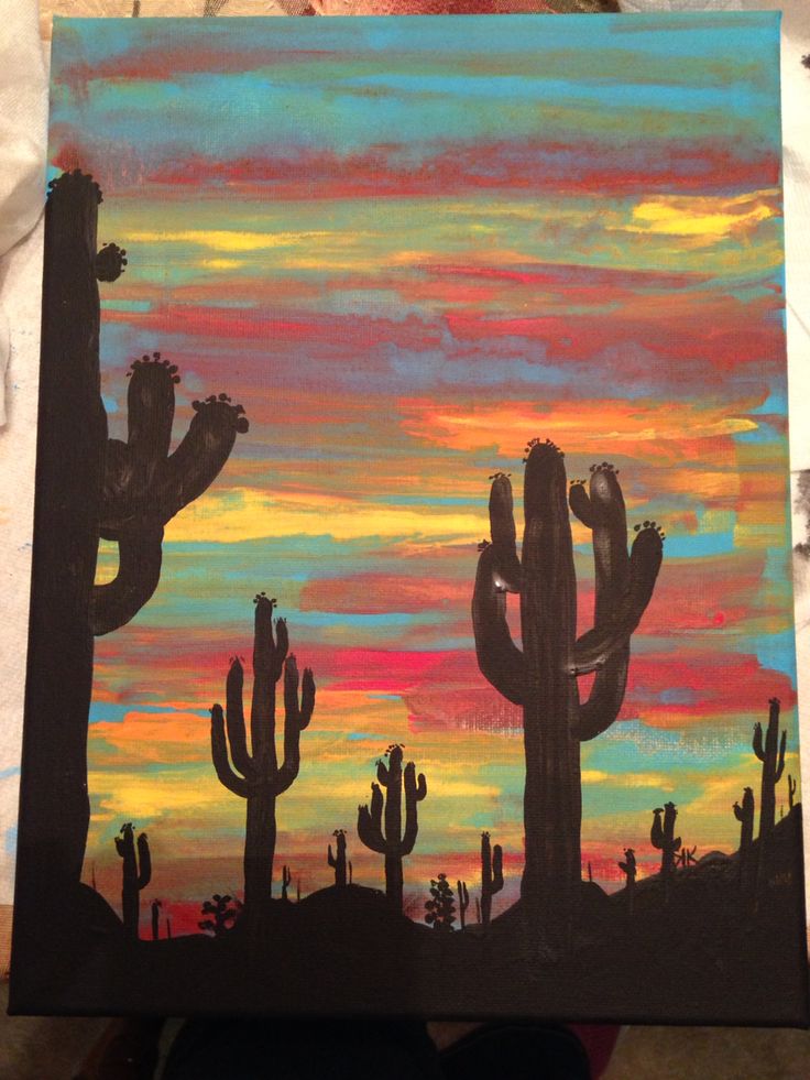 an acrylic painting of cactus at sunset