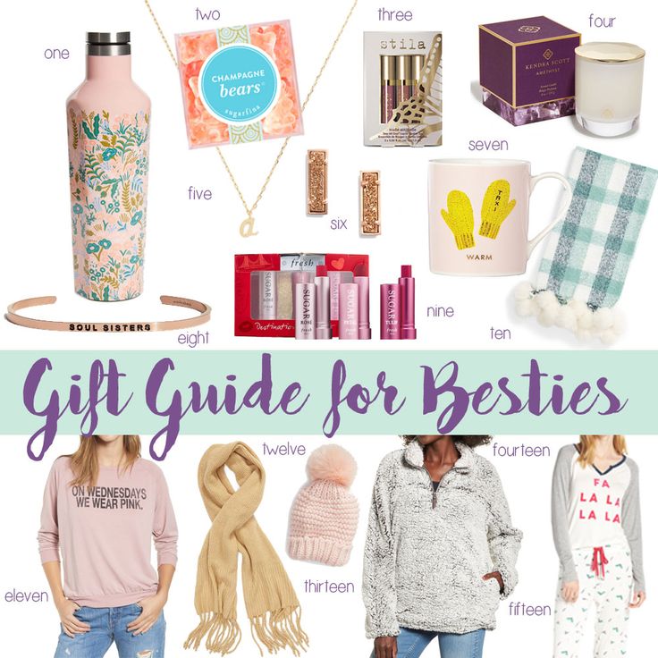 the gift guide for besties includes gifts, books, and other personal care items