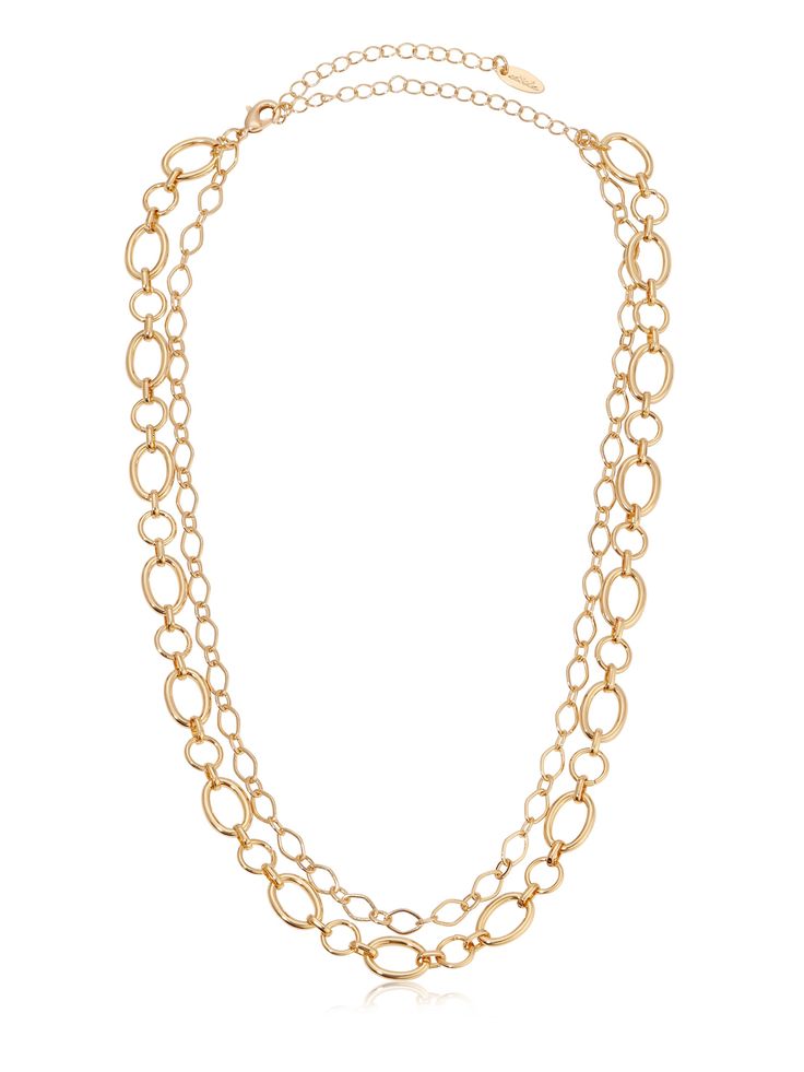 18kt gold plated Steel One entire necklace Length: 15-17 Inches + 5 Inch extender Gold-plated Double Chain Jewelry, Gold Oval Link Double Chain Necklace, Gold-tone Oval Link Double Chain Jewelry, Gold Double Chain Necklace With Oval Links, Yellow Gold Necklaces With Double Chain And Oval Link, Formal Gold Double Chain Jewelry, Gold Link Chain Layered Necklace, Gold-tone Link Jewelry With Double Chain, Gold-tone Link Necklace In Gold Plated