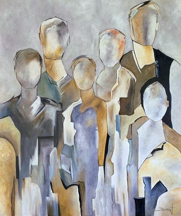 an abstract painting of several people standing together