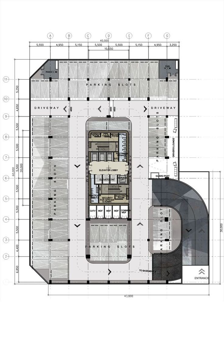 an architectural drawing shows the floor plan for a building with multiple floors and several windows