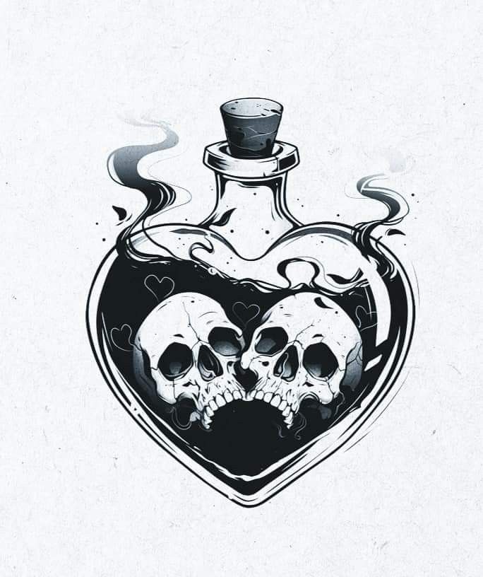 Heart Shaped Skull Tattoo, Cool Skull Design, Tattoo Art Drawings Dark, Heart Potion Bottle Tattoo, Dark Heart Tattoo, Rotten Tattoo, Toxic Tattoo, Pretty Skull Tattoos, Candle Tattoo Design