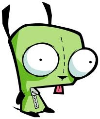 a green cartoon character with big eyes and a tongue sticking out from behind it's head