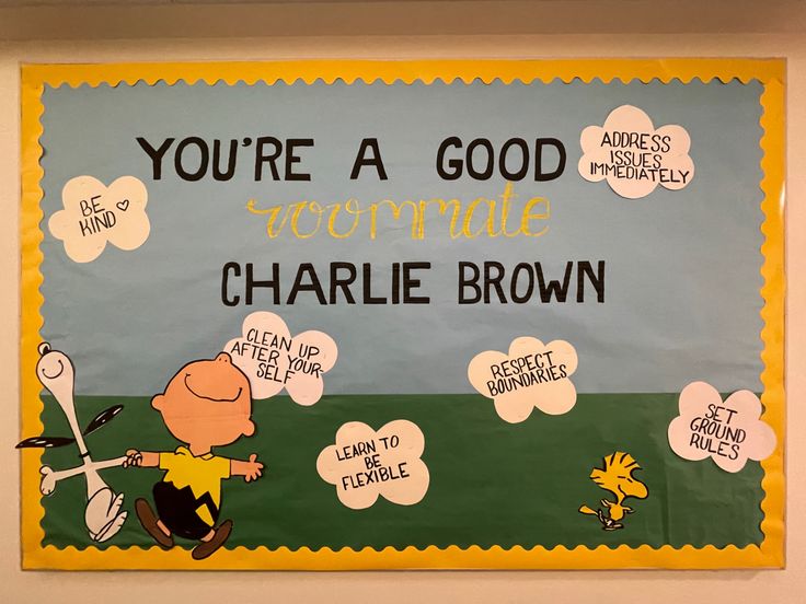 a bulletin board with charlie brown written on it