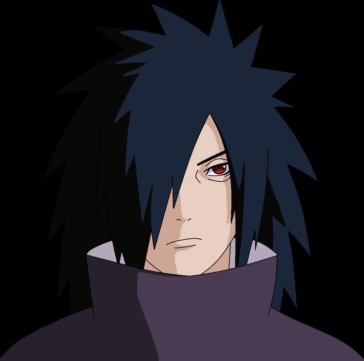 an anime character with black hair and red eyes wearing a purple hood over his head