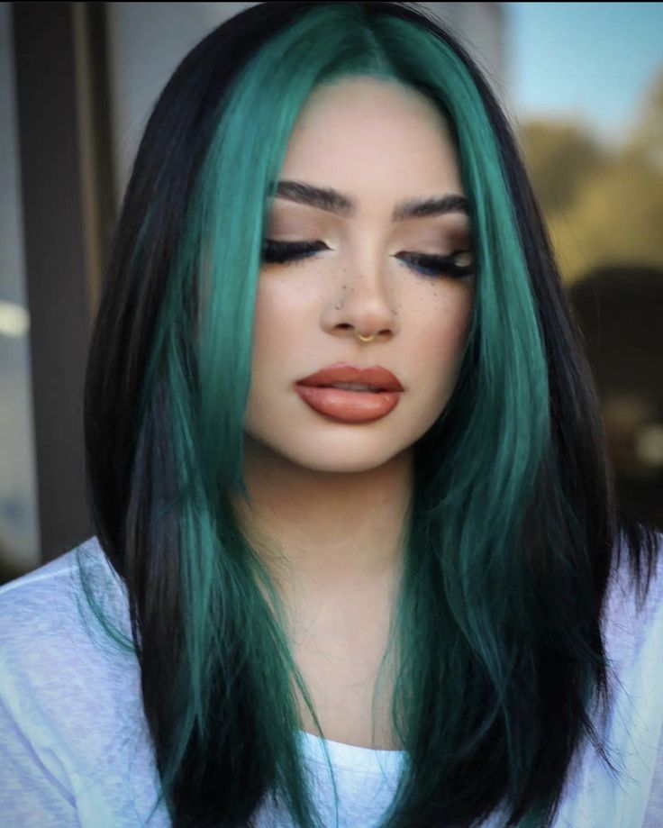 Black Hair With Colored Money Piece, Vivid Placement, Teal Money Piece, Teal Money Piece Hair, Green Money Piece Hair, Hair Color Placement Ideas, Blue Money Piece Hair, Moneypiece Hair, Utah Hair