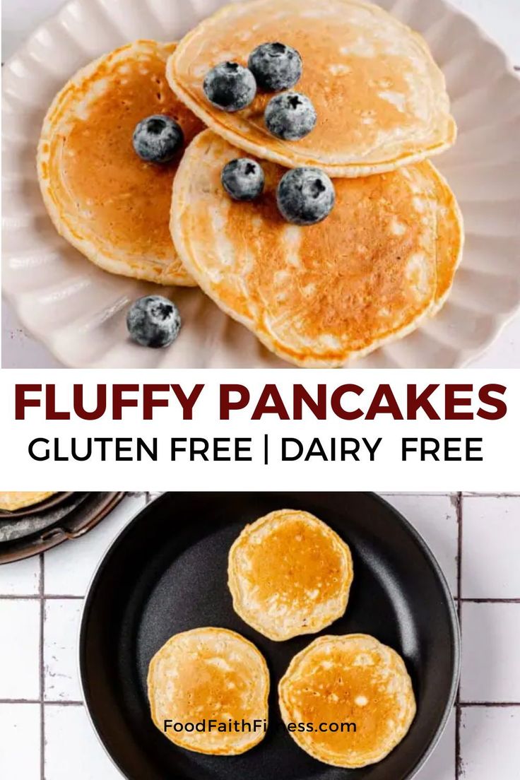 pancakes with blueberries on top and the words fluffy pancakes gluten free / dairy free