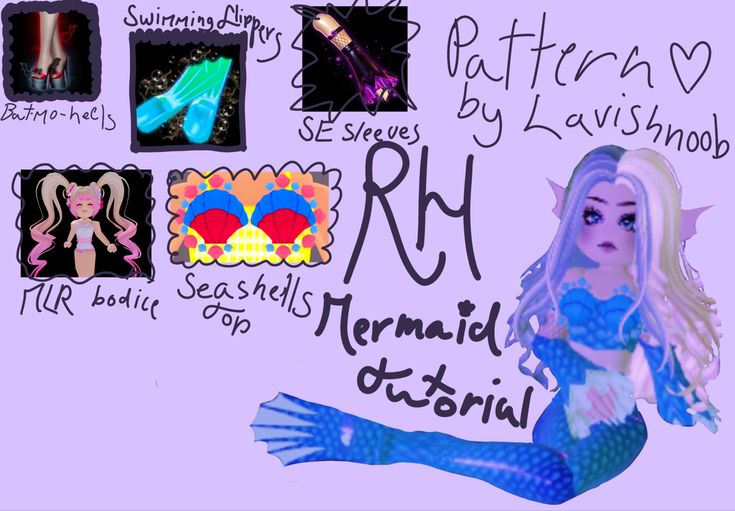 a drawing of a mermaid with many different things on it