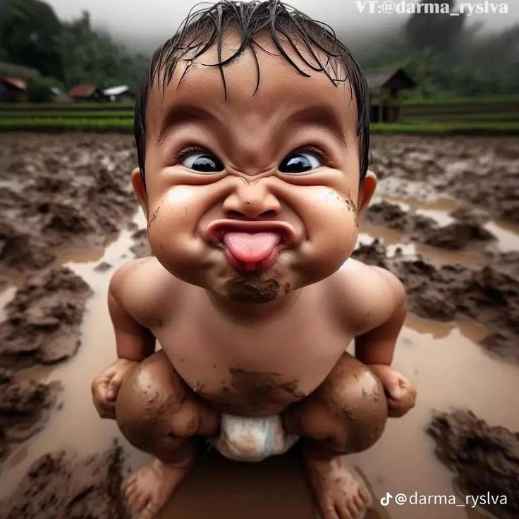 a very cute looking baby with mud on it's face and tongue sticking out