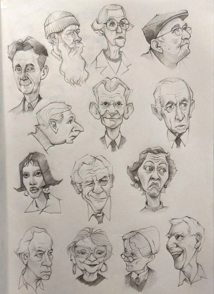 a bunch of different faces drawn in pencil on paper with some people's heads