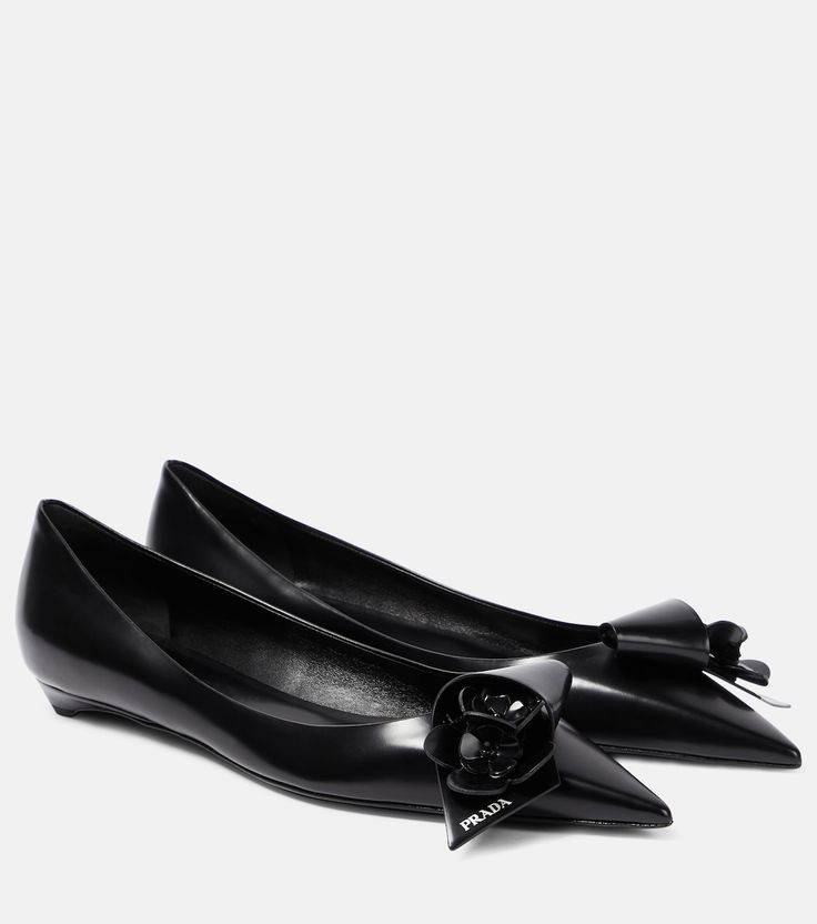 Prada Flats, Leather Ballet Flats, Leather Style, Floral Applique, Ballet Flat, Ballet Flat Shoes, Black Flats, Leather Fashion, Ballet Flats