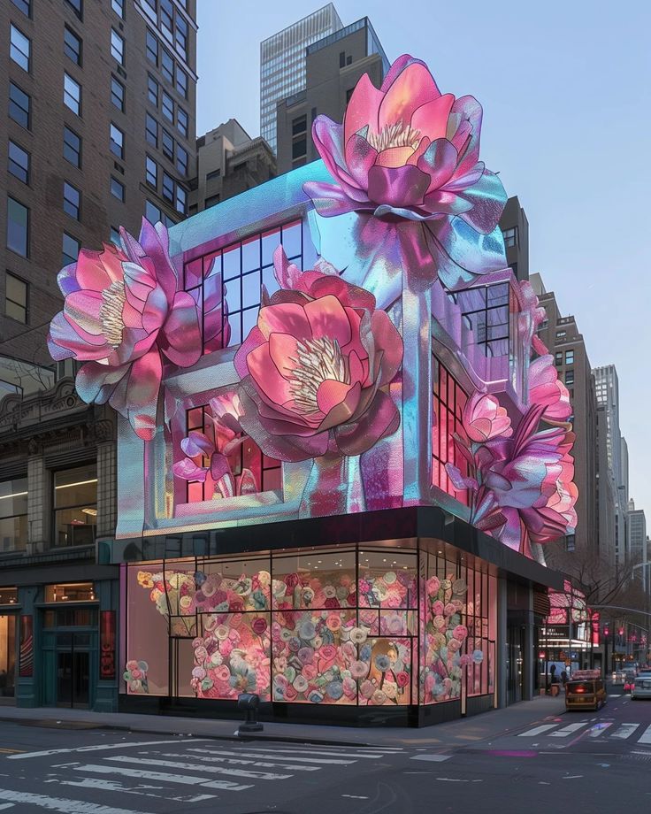 a large building with flowers painted on it's side in the middle of a city street