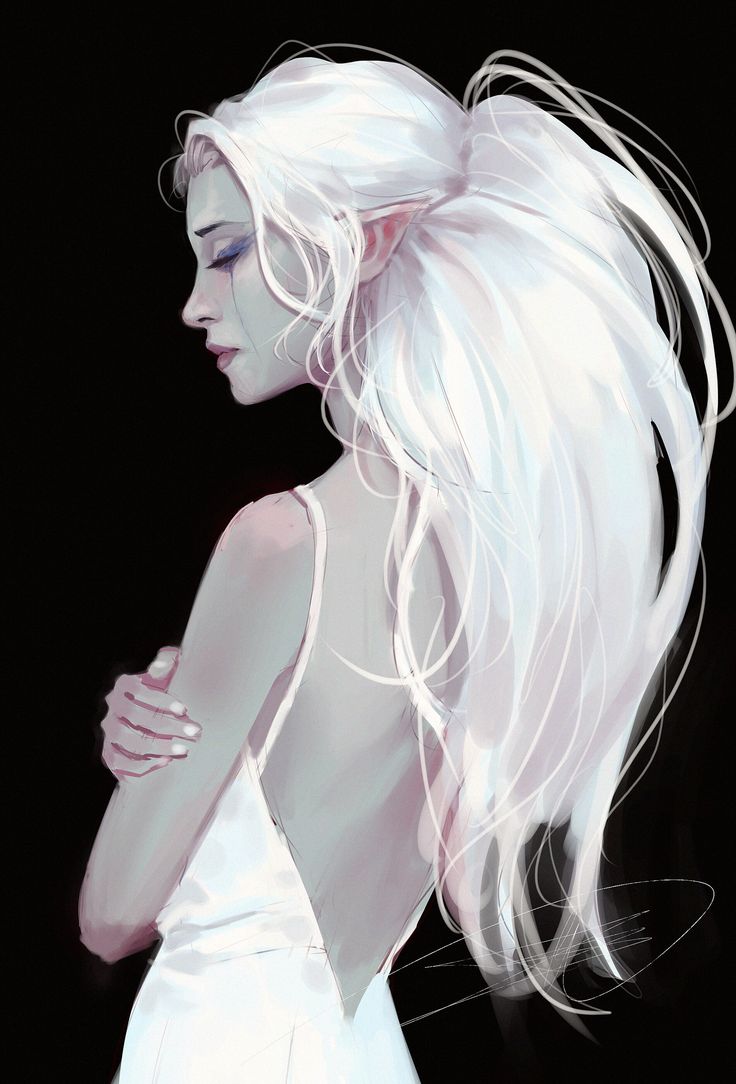 a painting of a woman with long white hair