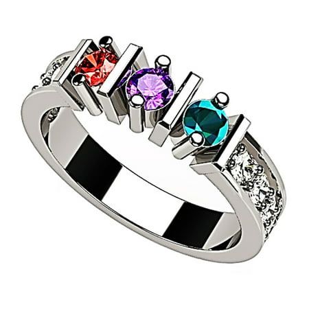 This "Straight Bar" design Mother's Ring is Personalized and Customized just for you. This Mother's Ring comes with your choice of 1 to 6 simulated birthstones in Sterling Silver or Solid 10 Karat White, Yellow or Rose Gold. The Silver ring comes with Platinum Plating to look and feel like real Gold or Platinum. The round brilliant cut simulated birthstones measure 3.0mm each. The ring is 3.2mm wide and 1.6mm thick on the bottom of the shank. There are brilliant white Cubic Zirconia set down the Mother's Ring, Mothers Ring, 11 Stone, 12 Stones, Family Rings, Mother Rings, Family Jewellery, Purple Jewelry, Diamond Free