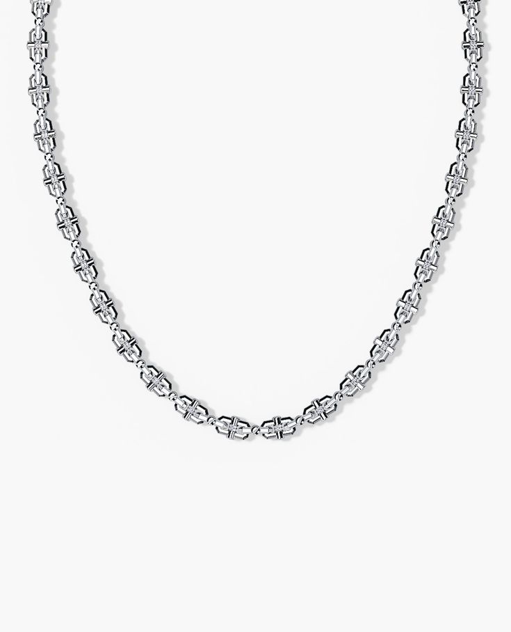 This chain link necklace is available in 14k gold, 18k gold and Platinum. The Moss necklace is secured by a custom Rockford clasp and features a total carat weight of 3.30ct in natural black or white diamonds that can be replaced with any precious gemstone of your choice. Classic Anniversary Necklace With Rectangular Links, Fine Jewelry White Gold Necklace With Solid Links, Classic Jewelry With Diamond Cut Rectangular Links, White Gold Link Necklace With Solid Construction, Box Chain Link Necklace For Anniversary, Classic Chain Link Diamond Necklace, White Gold Chain Link Necklace For Anniversary, Classic Diamond Link Chain Necklace, White Gold Necklace With Diamond-cut Oval Link