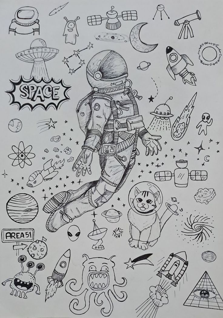 a drawing of an astronaut in space surrounded by doodles and other things to draw