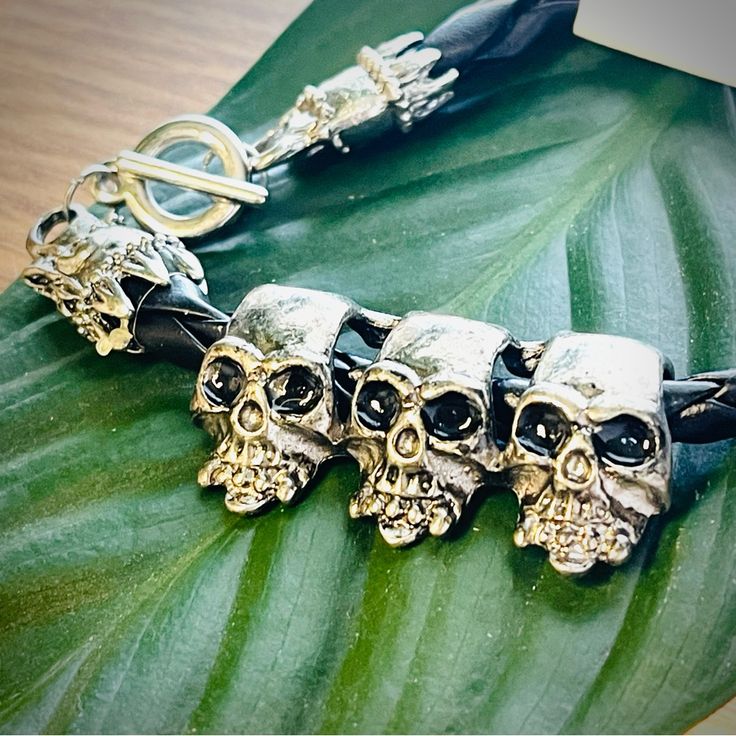 Silver Tone Toggle Skull Trio Bracelet Silver Skull Bracelet With Black Leather Strap #Gothicjewellery #Skullaccessories One Size J001 Skull Accessories, Skull Bracelet, Gothic Jewelry, Bracelet Silver, Silver Bracelets, Womens Jewelry Bracelets, Black Silver, Leather Straps, Silver Tone