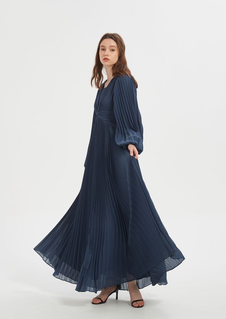 Elegant Flowy Pleated Chiffon Dress, Long Sleeve Chiffon Dress With Gathered Sleeves, Silk Flowy Dress With Sheer Sleeves, Formal Pleated Flowy Chiffon Dress, Pleated Fitted Chiffon Dress For Formal Occasions, Formal Flowy Pleated Chiffon Dress, Flowy Silk Dress With Sheer Sleeves, Elegant Long Sleeve Billowy Dress, Elegant Billowy V-neck Dress